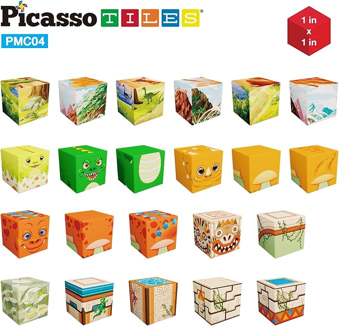 PicassoTiles Magnet Cube Prehistoric World Themed Mix and Match Building Block Construction Toy with 4 Magnetic Cubed Dinosaur Character Action Figures STEM Education Sensory Pretend Play Age 3+ PMC04