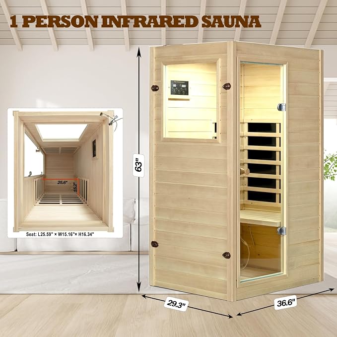 Kanlanth 1 Person Far Infrared Sauna - Low EMF Mini Indoor Wood Sauna, Compact Home Spa for Small Spaces, Bluetooth Speakers, LED Reading Light, 120V/950W, 36.6"x 29.3"x 63"