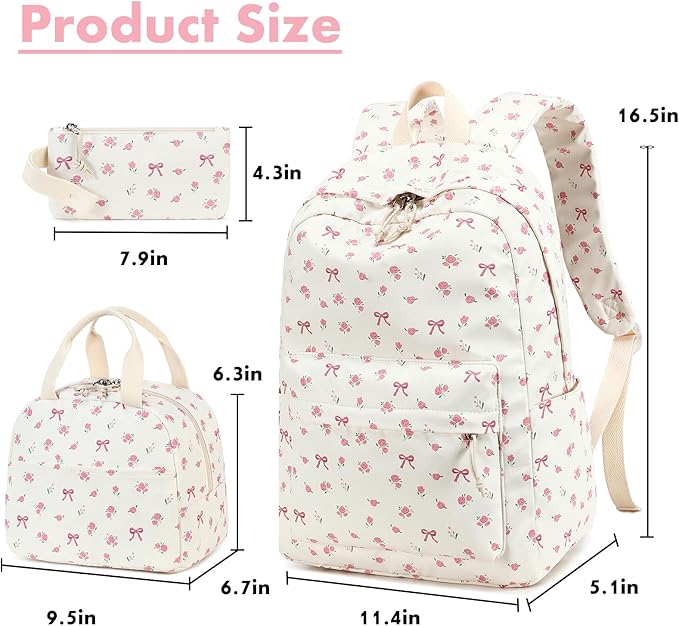 Bluboon Teen Girls School Backpack Kids Bookbag Set with Lunch Box Pencil Case Travel Laptop Backpack Casual Daypacks (Beige bow tie)