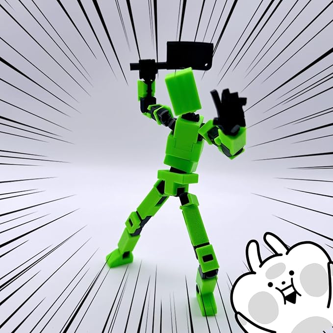 (Assembly Completed) 3D Printed Enlarge Body Size 8.13-inch Action Figure Lucky20, Full Body Mechanical Movable Toy, Multiple Accessories, Desk Decoration (Green)