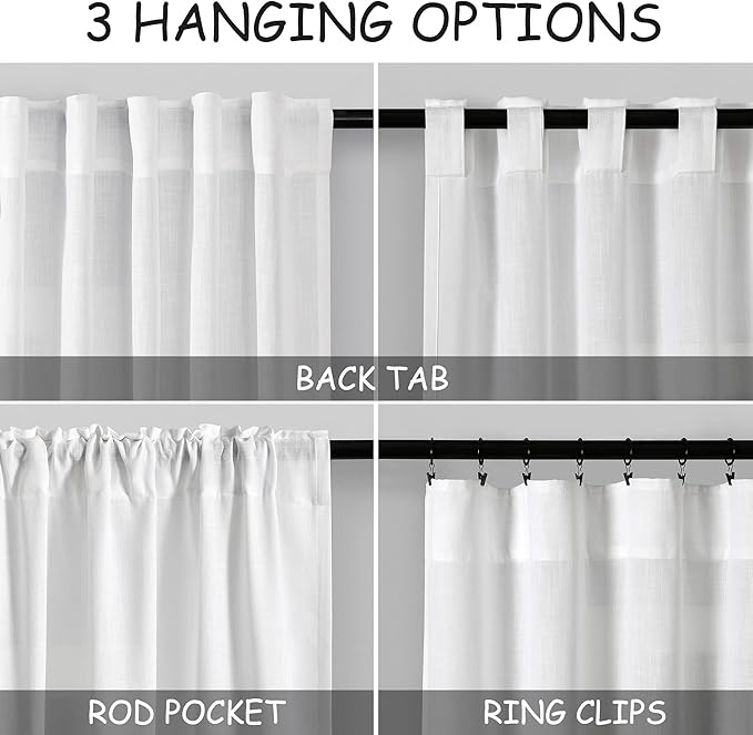Nanspring White Small Linen Textured Curtains 24 Inch Length Light Filtering Semi Sheer Short Curtains Back Tab Rod Pocket Boho Kitchen Tier Window Curtain for Bathroom Basement Camper 26x24 Inches