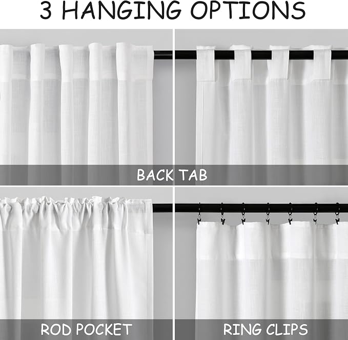 Nanspring White Semi Sheer Linen Curtains 80 Inch Length 2 Panel Set Thermal Insulated Back Tab Drapes for Bedroom Dining Room Classroom Privacy Light Filtering Windows 40x80 Inch