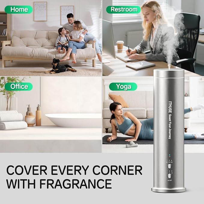 Waterless Essential Oil Diffuser 1000 Sq Ft, Nebulizing Diffuser with Remote & Timer, Adjustable Mist, Mood Light, Plug-in Aromatherapy for Home Office Hotel, Silver M202S