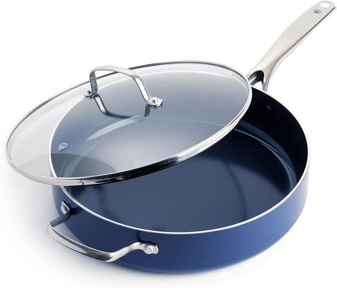 Blue Diamond 5QT Diamond Infused Ceramic Nonstick Sauté Pan with Lid, Blue | PFAS-Free Ceramic Nonstick Jumbo Cooker Skillet, Dishwasher & Oven Safe, Durable Metal Utensil Safe, Soups, Glass Lid