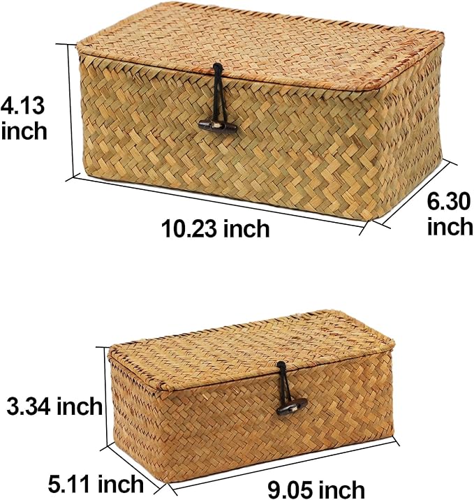 Set of 2 Wicker Basket with Lid, Seagrass Woven Basket for Storage | Decorative Storage Baskets Bins for Organizing Home, Shelf Storage Boxes, Rectangular Woven Design, Multipurpose Home Decor