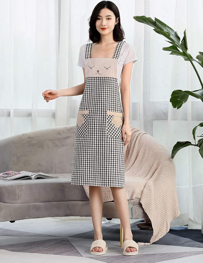 NEWGEM 100% Cotton Cute Plaid Apron with Pockets - Korean Style H-Back Cat Pinafore for Kitchen Cooking, Housewife (Black/White Cat)