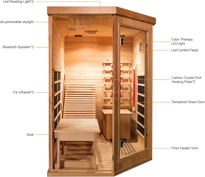 Far Infrared Wood Sauna, 1 or 2 Person Home Canadian Hemlock Luxurious Wooden Traditional Indoor Sauna, 2300W Spa Room with Recliner, 8 Heating Element, Bluetooth Speaker, Lights, Oxygen Bar