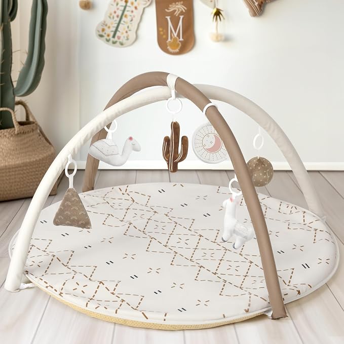 Little Dove Tummy Time Mat with 6 Toys, Macrame Baby Play Mat for Newborn, Baby Gym with 12 Milestone Cards, Stage-Based Sensory and Motor Skill Development Baby Play Gym, Non Slip Mat Washable, Khaki
