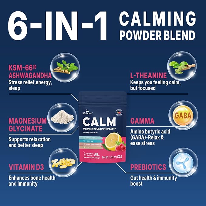Calm Magnesium Powder, Calm Drink Mix with Magnesium Glycinate, Ashwagandha, Prebiotics, GABA, Vitamin D, L-Theanine, Sugar-Free Calm Support for Sleep, Stress & Relaxation | 20 Servings