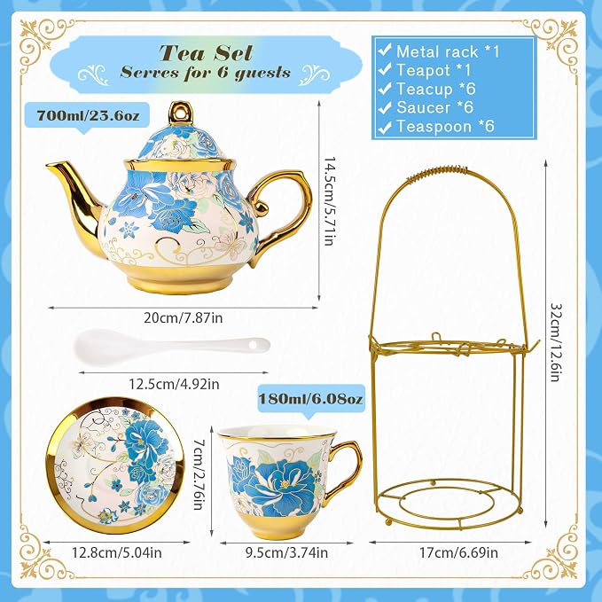 20Pcs Porcelain Tea Set with Metal Holder, European Ceramic Tea Set for 6 People, Vintage Flower Teapot Cup and Saucer Spoon Set, Complete Gift Set for Wedding, Bridal Shower, Afternoon Party (Pink)