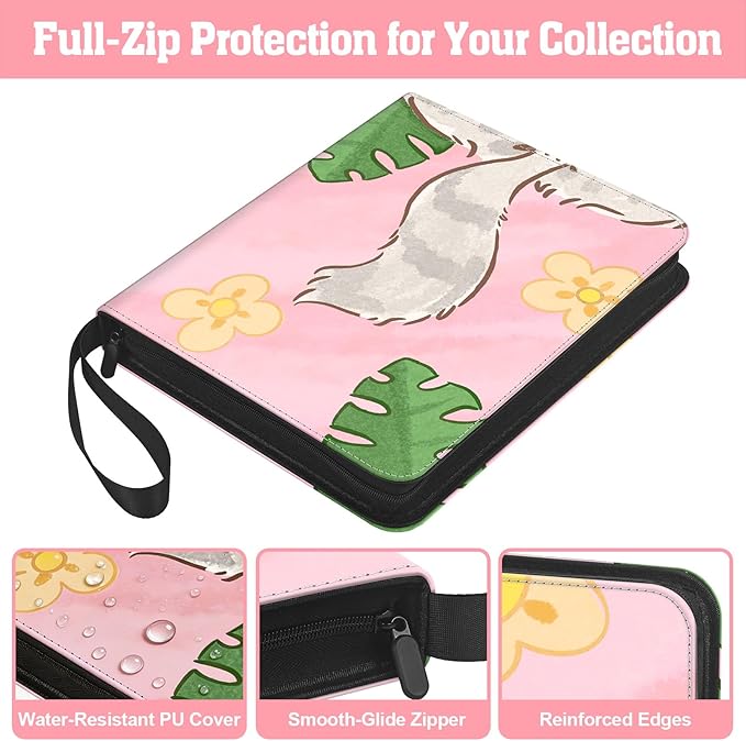 Trading Card Binder for TCG, 900 Pockets, 9-Pocket Top-Loading Pages, 3-Ring Zippered Album, Acid-Free PVC-Free, Fits Standard 2.5" x 3.5", PU Cover with Wrist Strap, Cute Cat Design