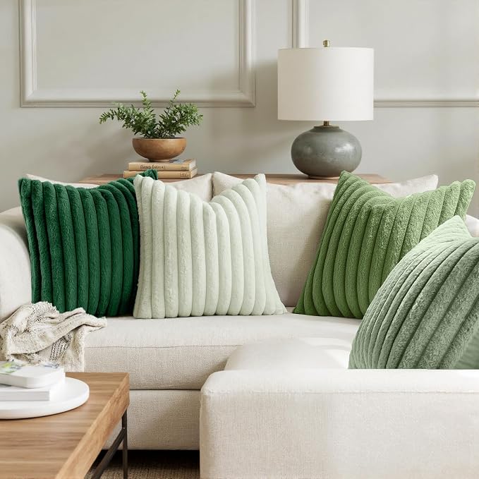 MIULEE Faux Fur Plush Decorative Throw Pillow Covers 20x20, Green | Set of 4, Striped, Soft Modern Cozy Home Decor, Cushion Cases for Sofa Couch Bed Living Room