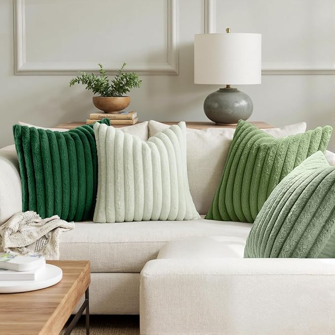 MIULEE Faux Fur Plush Decorative Throw Pillow Covers 18x18, Green | Set of 4, Striped, Soft Modern Cozy Home Decor, Cushion Cases for Sofa Couch Bed Living Room