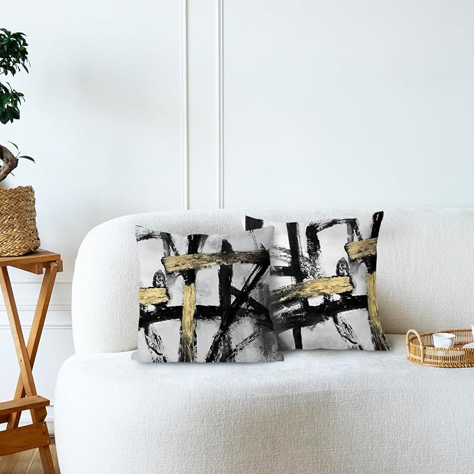 Black White Gold Pillow Covers, White Black and Gold Pillow Covers 18x18 Set of 2, Modern Black and White Pillow Covers for Couch Bed Living Room