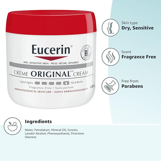 Eucerin Original Healing Cream, Unscented Body Cream for Extremely Dry, Sensitive and Compromised Skin, Emollient Enriched Body Moisturizer, 16 Oz Jar, (Pack of 12)