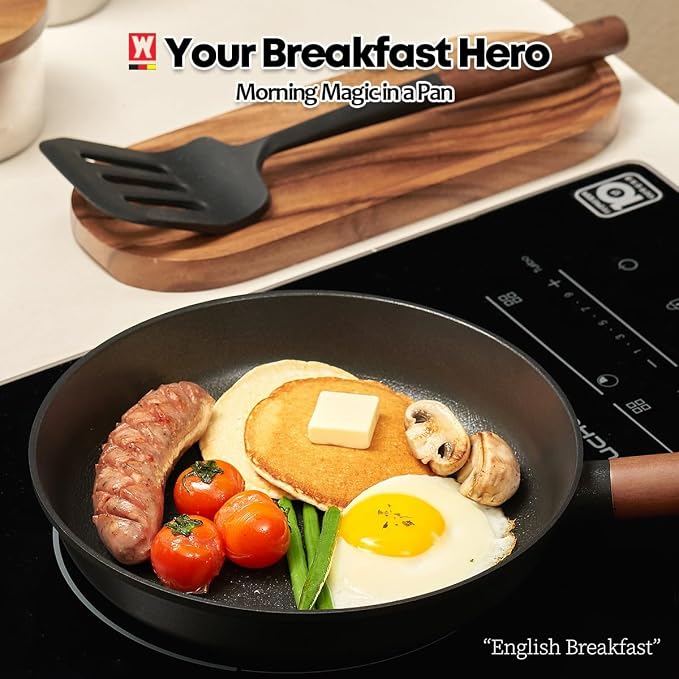 WAGENSTEIGER Aluminum Frying Pan with Titanium Coated Non-Stick Surface, 7-Layer Coating With Zelkova Wooden Handle, Restaurant & Business Grade, Made in Korea (17.91" L x 11.22" W x 2.17" H)