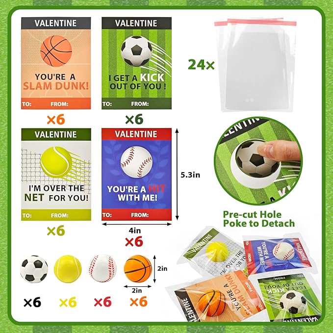 Stress Ball Valentines Day Cards Gifts for Kids Classroom -24 Pack, Mini Foam Sports Toys with Exchange Cards for Boys School, Valentines Goodie Bag Stuffer Class Treats Prizes for Preschool Toddlers