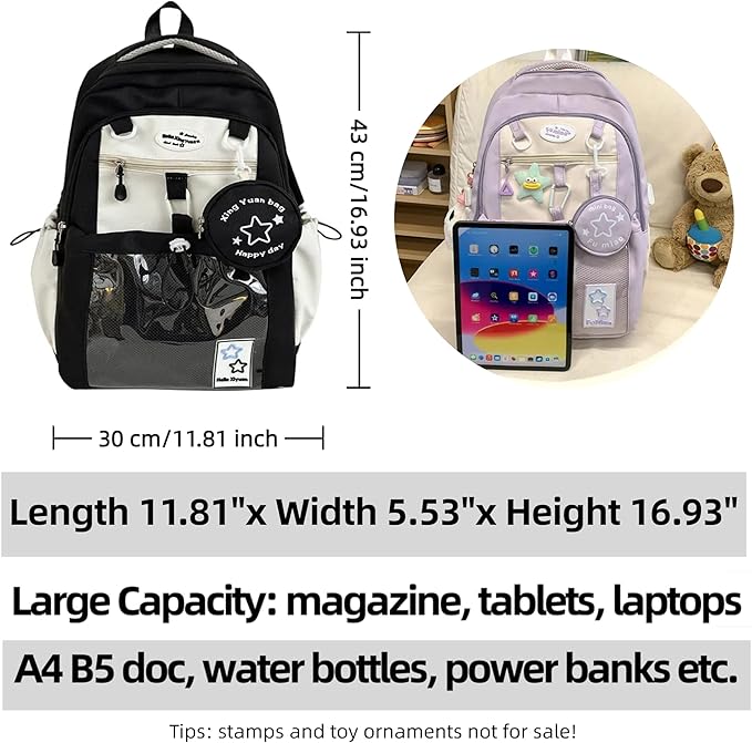 Kawaii Backpack Double Shoulder Bag with Cute Star Removable Pouch Clear Pocket Large Capacity Dopamine Colors Daypack (Clear Black)