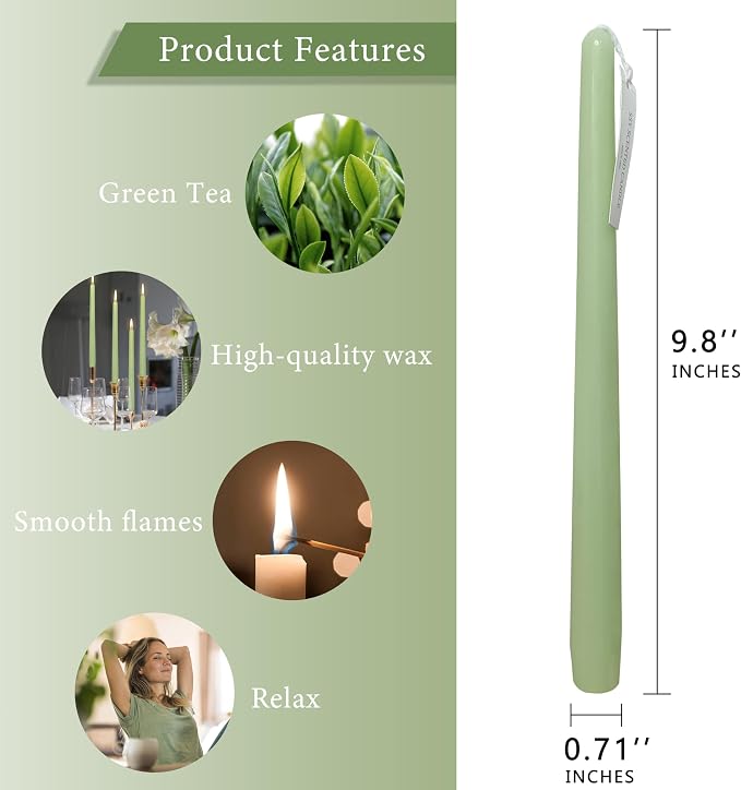 Green Tea Scented Taper Candle 10 Inch Long Gradient Green Handmade Clean Burning 4 Pack Smokeless Tapered Candle for Christmas Wedding Forest Theme Rustic Office Spa Relaxation Home Decor