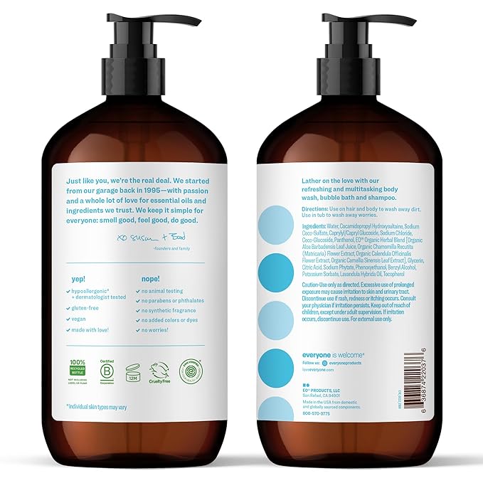 Everyone 3-in-1 Soap, Body Wash, Bubble Bath, Shampoo, 32 Ounce (Pack of 2), Unscented, made for Men and Women