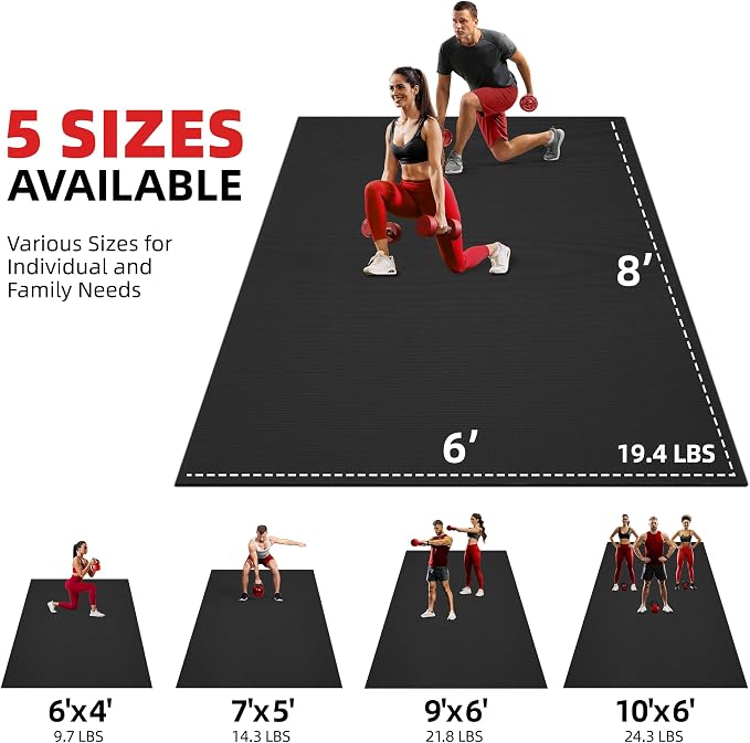 GymCope Extra Large Exercise Mat, 10'x6'/9'x6'/8'x6'/7'x5'/6'x4'(8mm) Thick Workout Mat for Home Gym & Garage Flooring, Shoe-Friendly, High-Density, MMA, HIIT, Weight Lifting, Cardio&Strength
