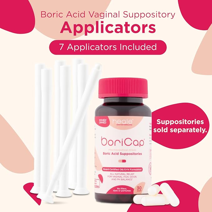 BoriCap Boric Acid Vaginal Suppository Applicators - Washable & Reusable Easy Glide Feminine Applicator for Size 00 Suppositories, Ribbed Grip, Storage Pouch Included, Made in USA - 7 Count