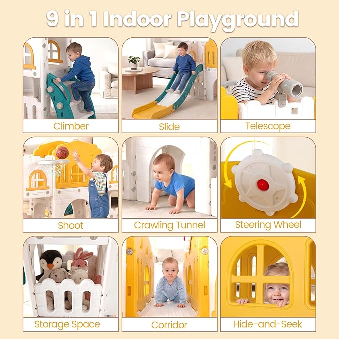 OLAKIDS Toddler Slide, Kids Indoor Outdoor Playground with Climber Basketball Hoop Telescope Tunnel Corridor Toy Storage Steering Wheel for Boys Girls Aged 1+ (Yellow, 70'')