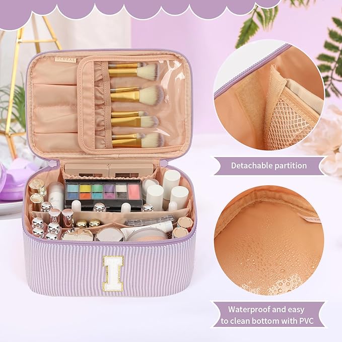 OCHEAL Makeup Bag Valentines Day Gifts for Women, Monogram Cosmetic Bag Purple Travel Makeup Case Beauty Toiletry Bag Organizer Personalized Gifts for Girls Bridesmaid, Sister, Wife, Friends Initial I