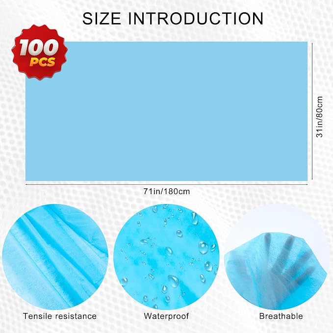 100 Pack 31" x 71" Disposable Non-Woven Massage Table Bed Covers - 2-Ply Waterproof Spa Sheets for Facial, Tattoo & Waxing. (blue 100pc)