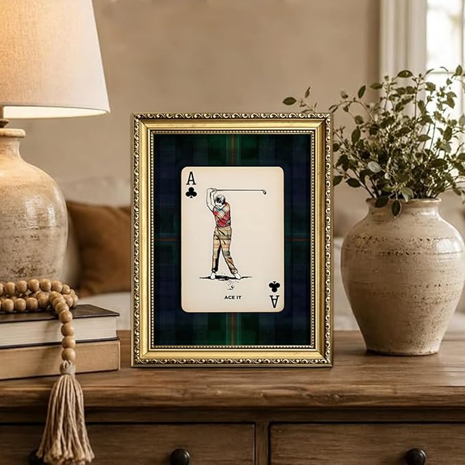 Gold Framed Vintage Golf Wall Art, Man Cave Golfer Sports Wall Decor Painting Playing Plaid Canvas Prints Picture for Bedroom Living Room Man Room Club 8x10 inch