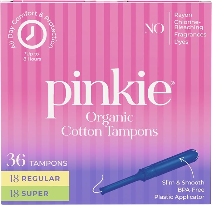Pinkie Organic Tampons for Teens & Adults - 100% Cotton Core Adapts to Your Body - Slim BPA-Free Applicator for Comfortable Insertion - Chlorine, Fragrance, Dye & Rayon Free - Regular/Super, 36 Count