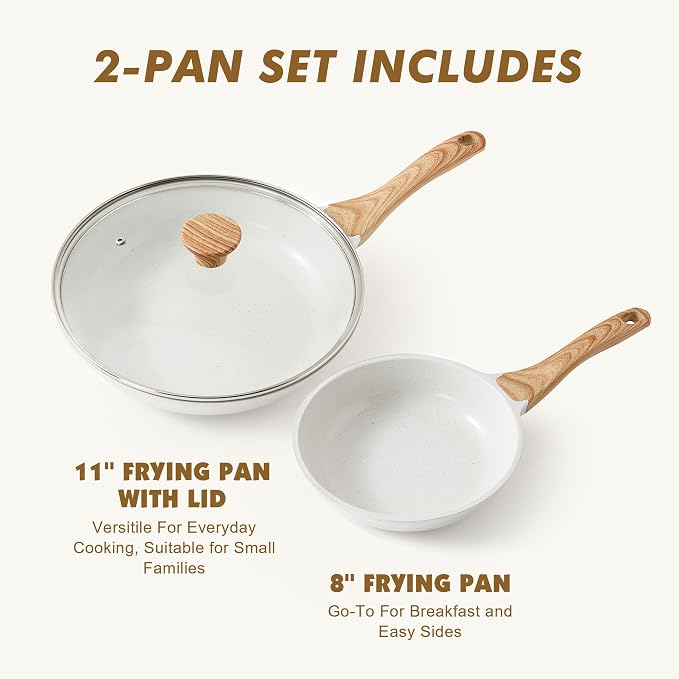 SENSARTE Ceramic Nonstick Frying Pan Skillets, White (8+11Inch with Lid) | Healthy ceramic nontoxic coating, PTFE & PFAS free. Compatible with all stoves including induction cooktops. Easy to clean.