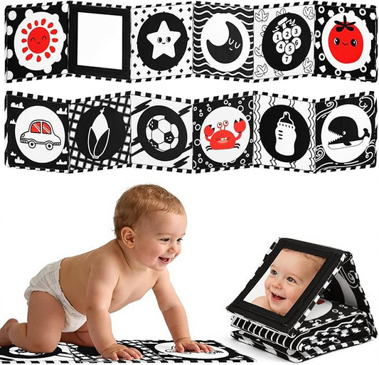 High Contrast Baby Toys for Newborn – Black White Tummy Time Mirror Toy, Crinkle Sensory Baby Book 0-6 Months for Newborns, Attach to Crib/Stroller/Car Seat