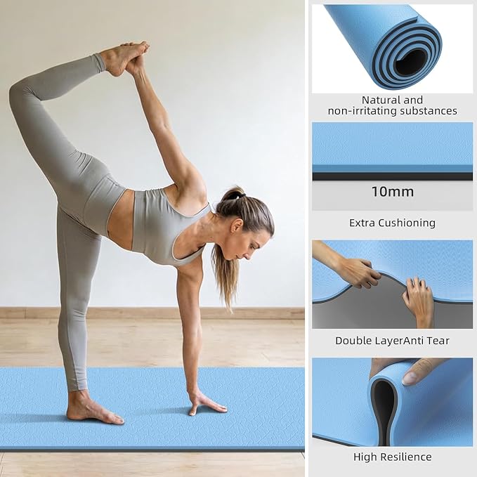 10mm0.4"TPE Yoga Mat Thick Wide Large for Home Workout Carrying Strap | Non Slip Exercise Mats Cushioned Joint-Friendly Stable,76"x28"Extra long Tapis Entrainement Au Sol Fitness,Pilates Gym Travel