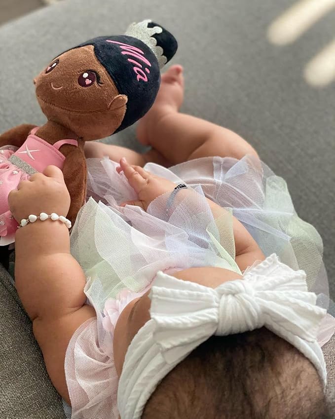 Gloveleya Personalized Ballerina Doll with Custom Name – 13 Inch Black Plush Baby Girl Gift, Soft Ballet Girl Stuffed Toy with Gift Box for Birthday, Christmas, Baby Shower, Valentine’s Day Present