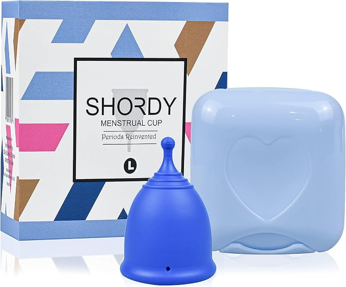 SHORDY Menstrual Cups - Large Reusable Period Cup for Women (Blue) | 100% medical grade silicone Copa menstrual, Heavy flow, Wear up to 12 hr with comfort, Pads, Disc & tampon alternative