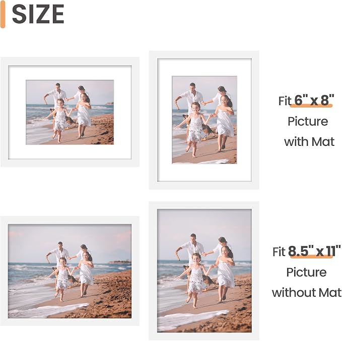 upsimples 8.5x11 Picture Frame Set of 10, Display Pictures 6x8 with Mat or 8.5x11 Without, Multi Photo Frames Collage for Wall or Tabletop Display, White | Fit 6x8 Photos and 8.5x11 Certificate, Wall or Tabletop Display, For Gallery Hallway Living Room...