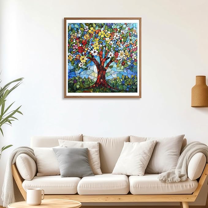 Ixfyloop Stained Glass Wooden Puzzles for Adults, Vibrant Tree of Life Jigsaw Puzzles, 213 Pieces Flower Adults Puzzles, Gifts for Puzzle Lover, 12.2x12.2 inch