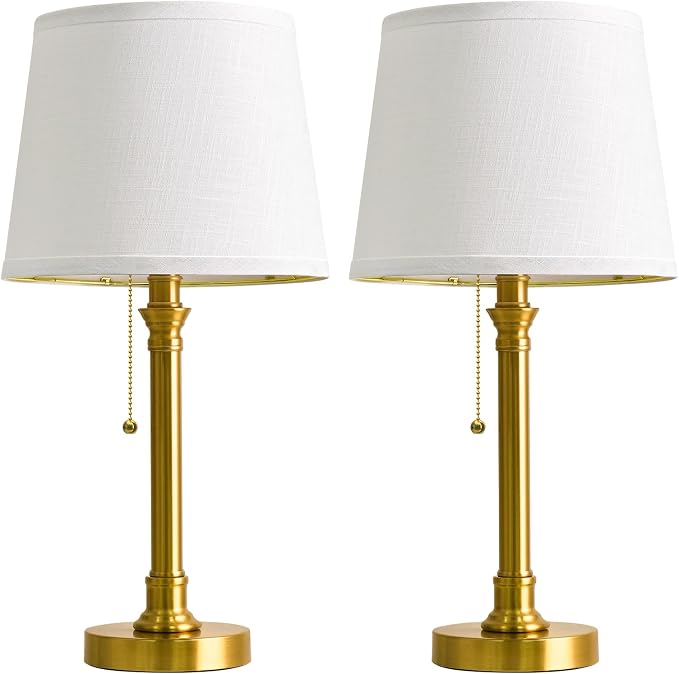 Oneach Modern Gold Brass Table Lamp Set of 2 for Bedroom Living Room 19.5'' Traditional Bedside Desk Nightstand Buffet Candlestick Samll Lamps with White Drum Shade