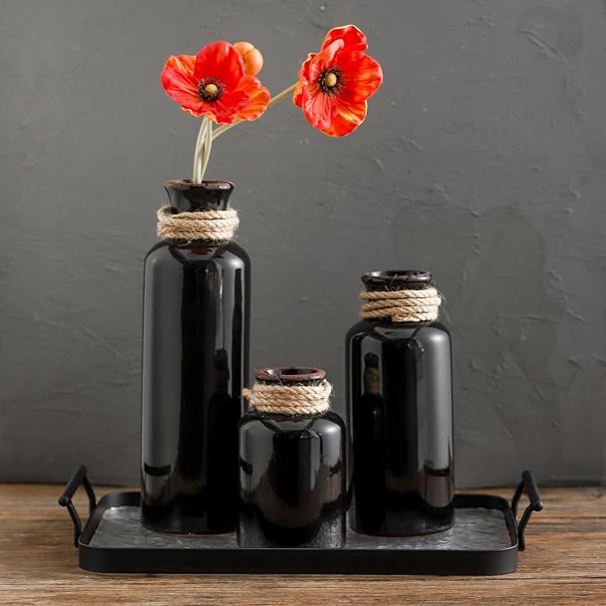 Ceramic Rustic Farmhouse Vase Set of 3,Terracotta Vases for Decor | Antique Black Vase for Your Bedroom,Office,Living Room,Fireplace Decor,Housewarming （10+7.5+5 Inch）