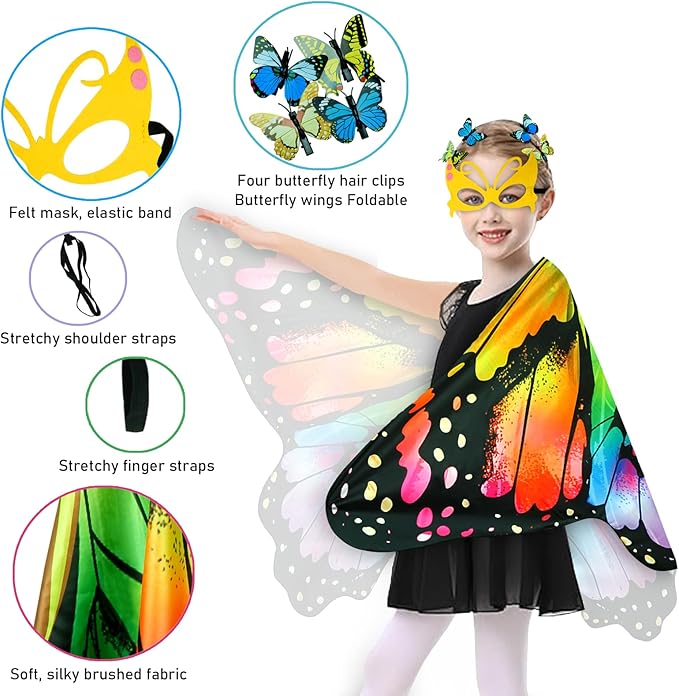 Kids Butterfly Wings Costume for Girls Fairy-Wings Mask Party Favors Gifts (Rainbow sets)