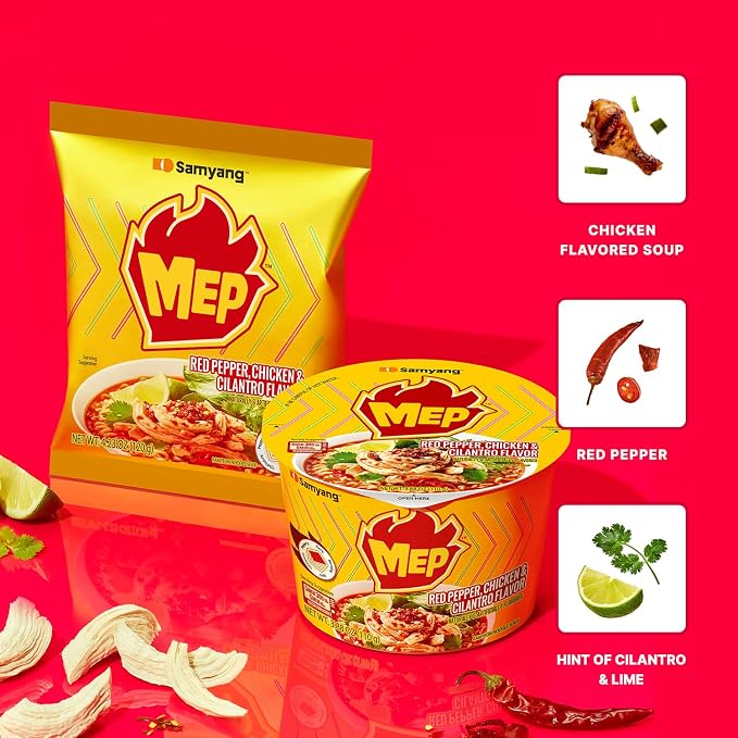 MEP Chicken Cilantro Bone Broth Korean Spicy Ramen Noodle Soup, 4-Pack | ENHYPEN Pick; Chicken bone broth with cilantro, lime, and red pepper; Chewy qq-texture noodles; Stovetop easy-cook pack