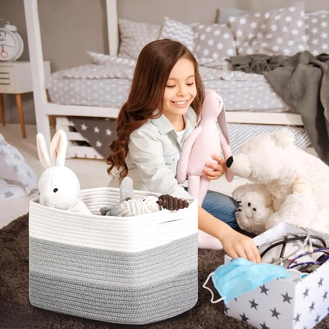 ICERZCZ Storage Baskets for Organizing Shelves, Woven Cotton Rope Baskets for Storage Books Towels Toys, Organizing Baskets, Toy Basket for Nursery Bathroom, 15"x11"x9.5", 3 Packs, Gradient Grey
