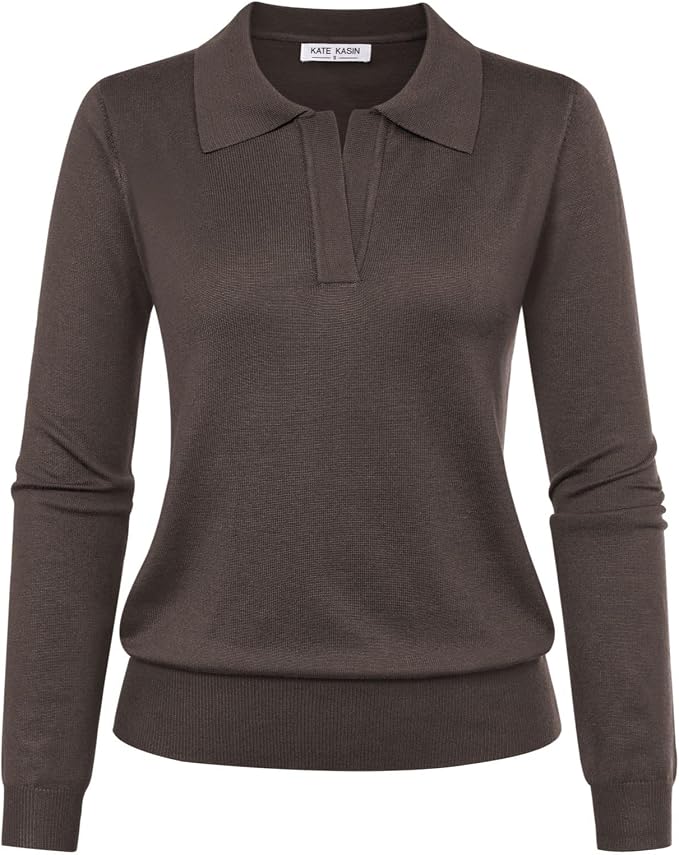 Women's Long Sleeve Classic V Neck Casual Fall Winter Polo Sweater Tops | Basic Collared Knitted Fashion Work Business Formal Daily Wear Versatile Pullover Shirts