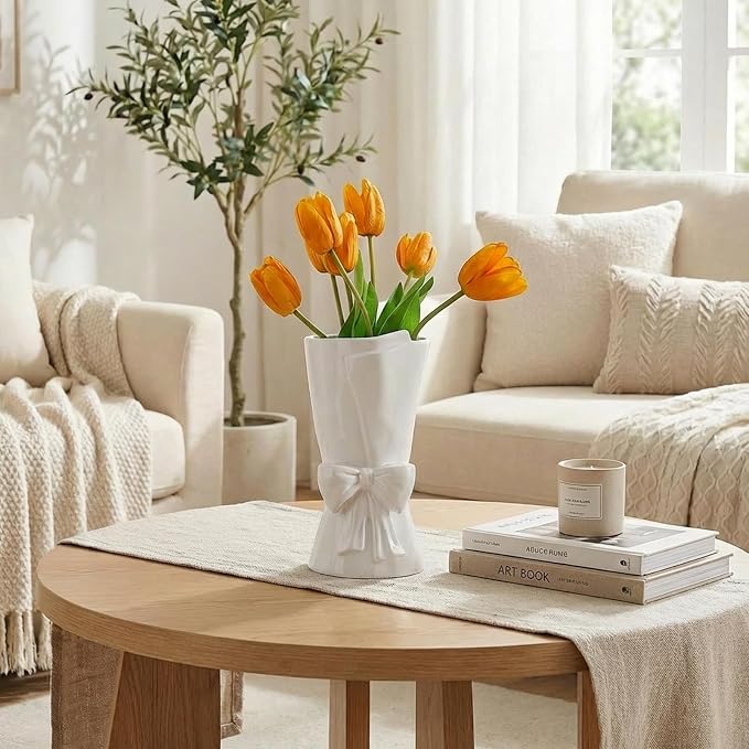 Relexome Fully Glazed White Ceramic Bow Vase 9.64 in Unique Cute Modern Decorative Bouquet Flower Vases for Home Living Room Table Summer Decor Women Gifts