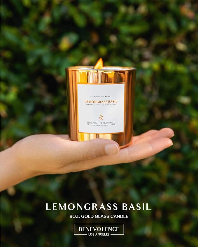 Benevolence LA Premium Lemongrass & Basil Scented Candle – Long-Lasting, 45-Hour Burn – Luxury Natural Soy Wood Wick Candle for Home – Aromatherapy & Room Decor – 8oz