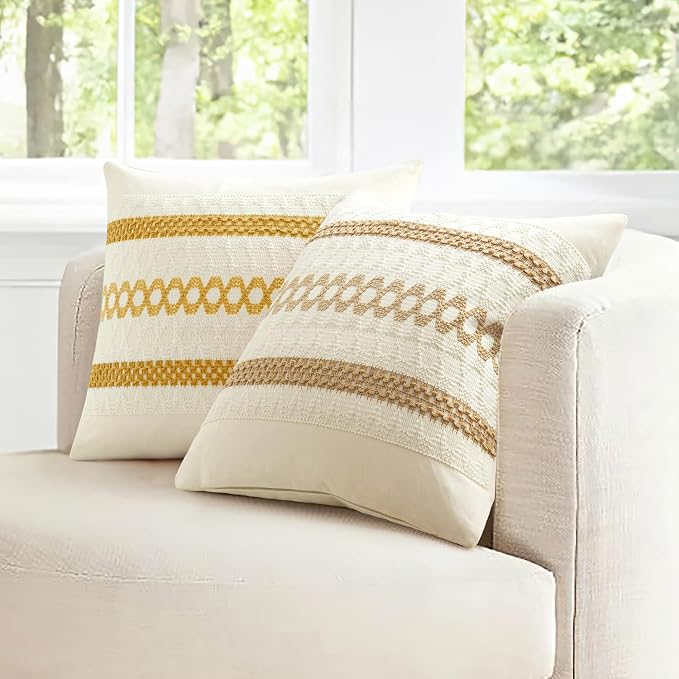 MIULEE Set of 2 Mustard Yellow Boho Decorative Pillow Covers 20x20 Inch | Fall, Boho Farmhouse Modern Couch Throw Pillows, Cotton Cushion Covers, Macrame Woven Home Decor for Bed Sofa Chair