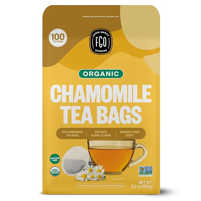 FGO Organic Chamomile Tea, 100 Count, Eco-Conscious Tea Bags, Resealable Bag, Packaging May Vary (Pack of 1)