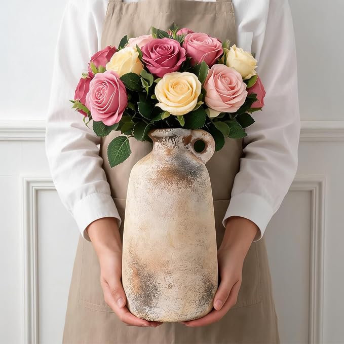 Ceramic Flower Vase, 10.1" Rustic Farmhouse Vase with Glazed Interior, Decorative Pottery Vase for Fresh Flowers, Pampas Grass, Living Room, Dining Table, Mantel and Shelf Decor