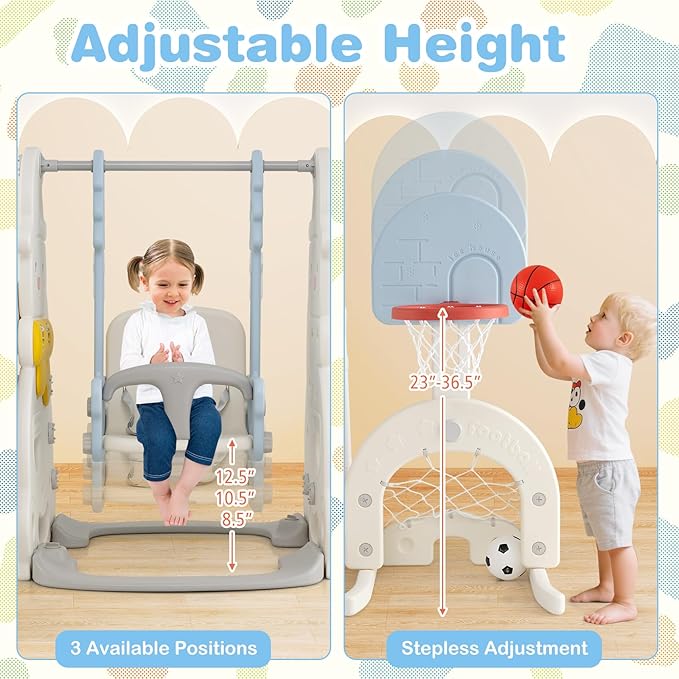 Costzon Toddler Swing and Slide Set, 7 in 1 Toddler Slide for Kids w/Height Adjustable Basketball Hoop & Swing, Climber, Golf, Soccer, Ring Tossing, Freestanding Indoor Playground for Girls & Boys